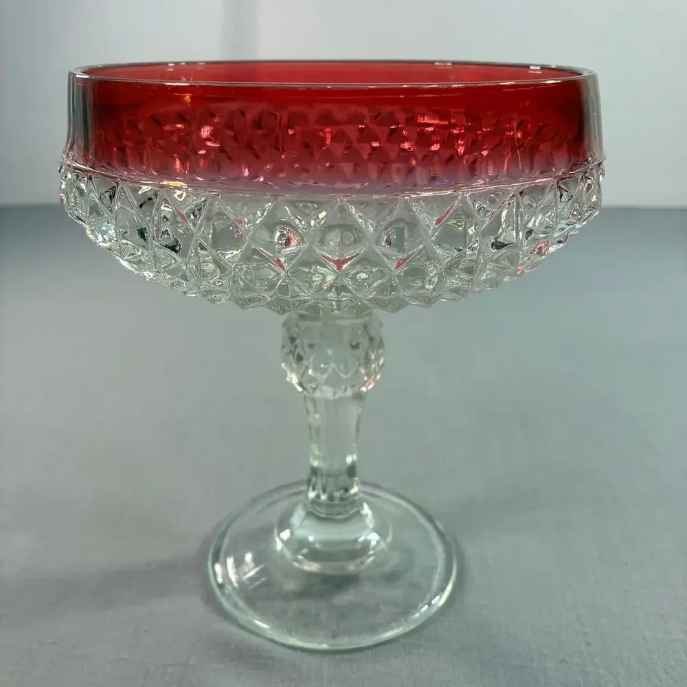 Vintage Ruby Flash Glass Pedestal Compote Candy Dish Bowl Diamond Point Clear
